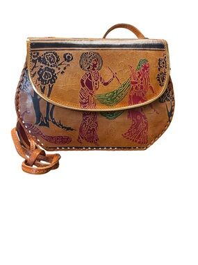 Vintage Tooled Tan Leather Green Red & Black Indian Scene Crossbody Purse